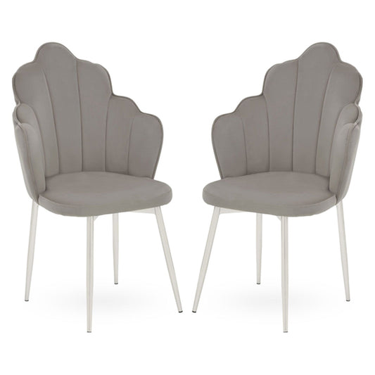 Tian Grey Velvet Dining Chairs With Chrome Metal Legs In Pair