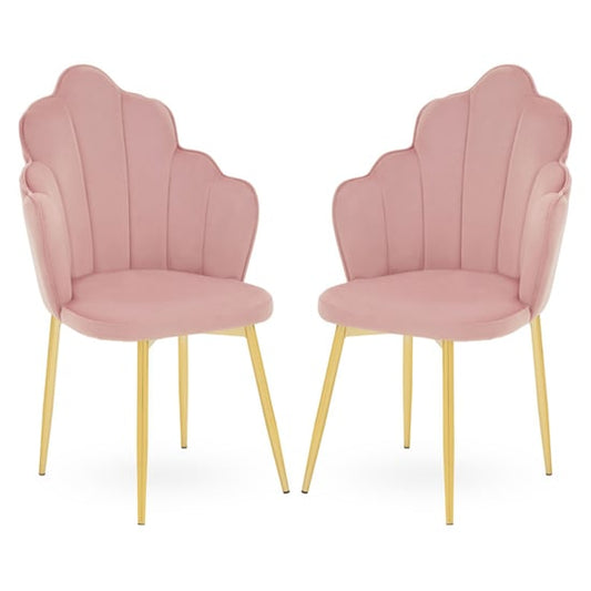 Tian Pink Velvet Dining Chairs With Gold Metal Legs In Pair