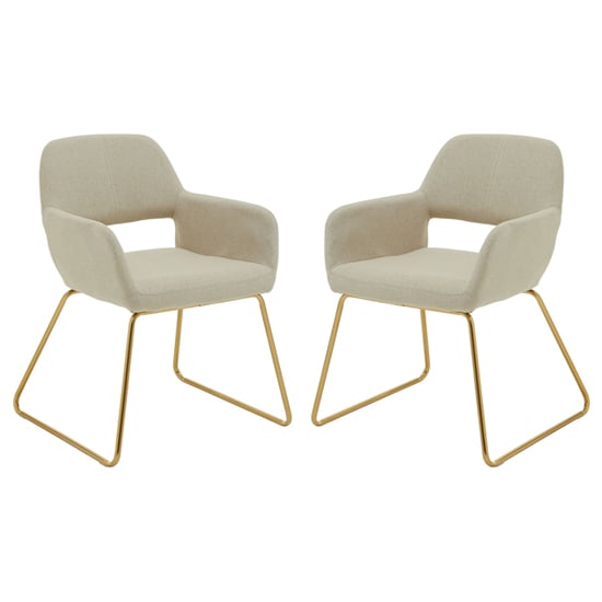 Stockholm Natural Fabric Dining Chairs With Gold Metal Legs In Pair