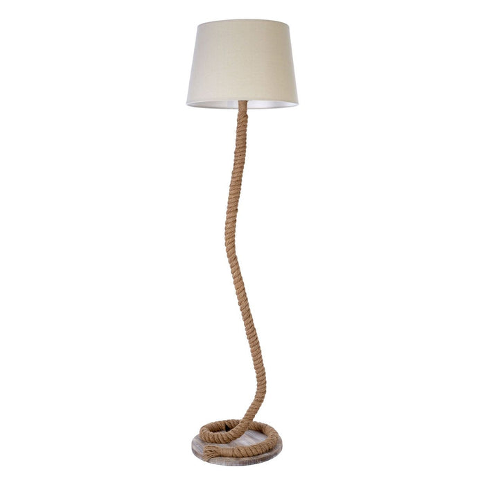 Maine White Fabric Shade Floor Lamp With Rope Wooden Base