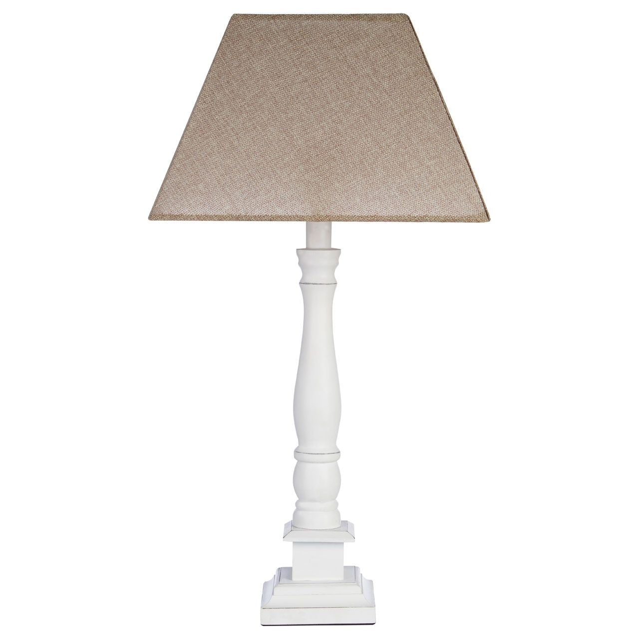 Maine Beige Fabric Shade Table Lamp With White Candlestick Wooden Base