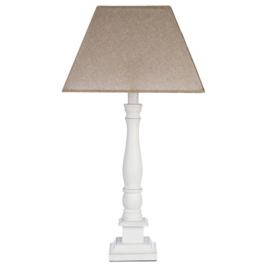 Maine Beige Fabric Shade Table Lamp With White Candlestick Wooden Base