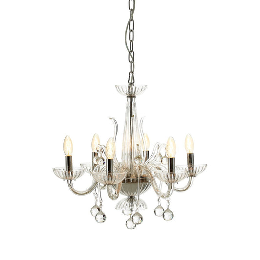 Murano 6 Clear Crystal Bulbs Chandelier Ceiling Light In Chrome
