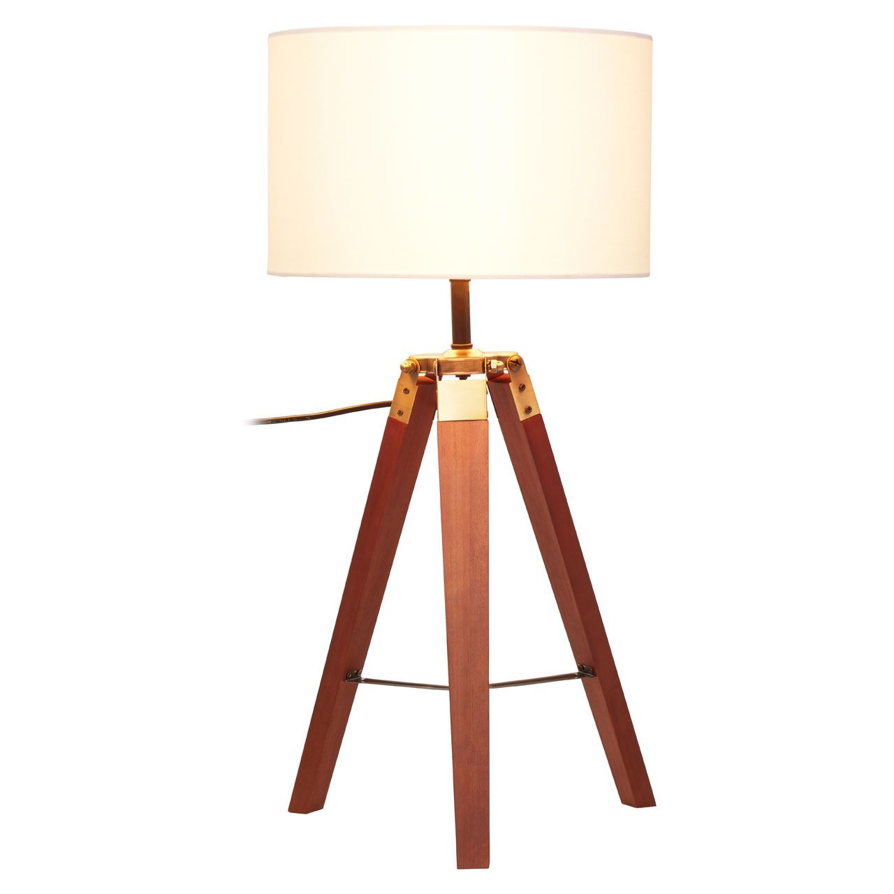 Malvern White Linen Cylinder Shade Tripod Table Lamp With Brown Base