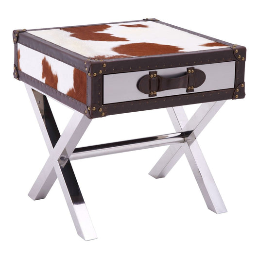 Kenseck Cowhide Leather Side Table In Brown And White