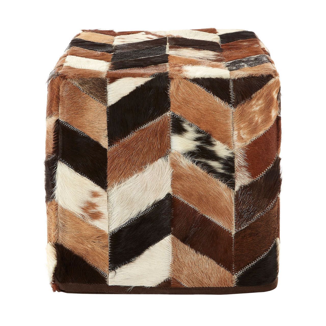 Safira Genuine Leather Patchwork Pouffe In Brown And Black