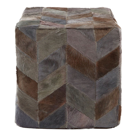 Safira Genuine Leather Patchwork Pouffe In Light Grey
