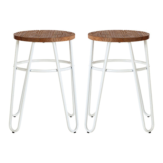 District Wooden Hairpin Stools With White Metal Legs In Pair