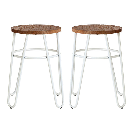 District Wooden Hairpin Stools With White Metal Legs In Pair