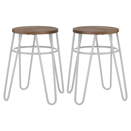 District Wooden Hairpin Stools With Grey Metal Legs In Pair