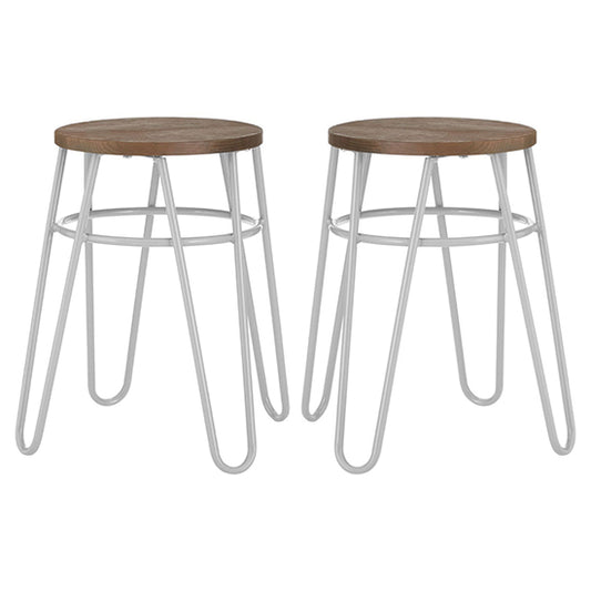 District Wooden Hairpin Stools With Grey Metal Legs In Pair