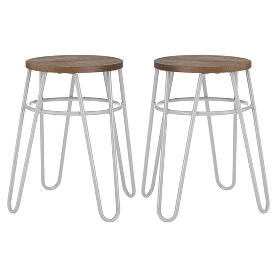 District Wooden Hairpin Stools With Grey Metal Legs In Pair