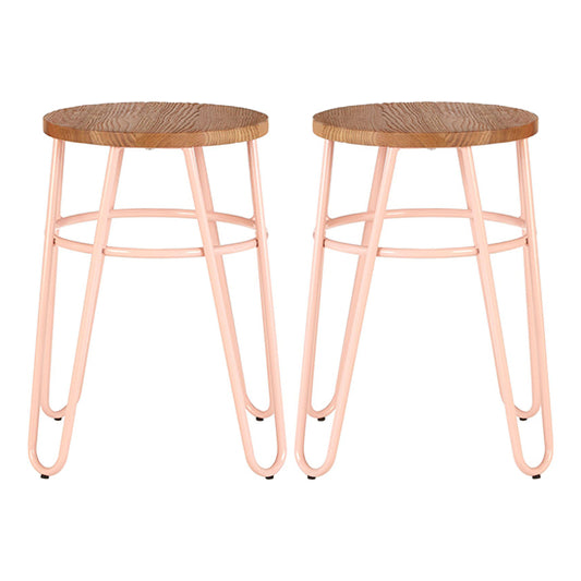 District Wooden Hairpin Stools With Pink Metal Legs In Pair