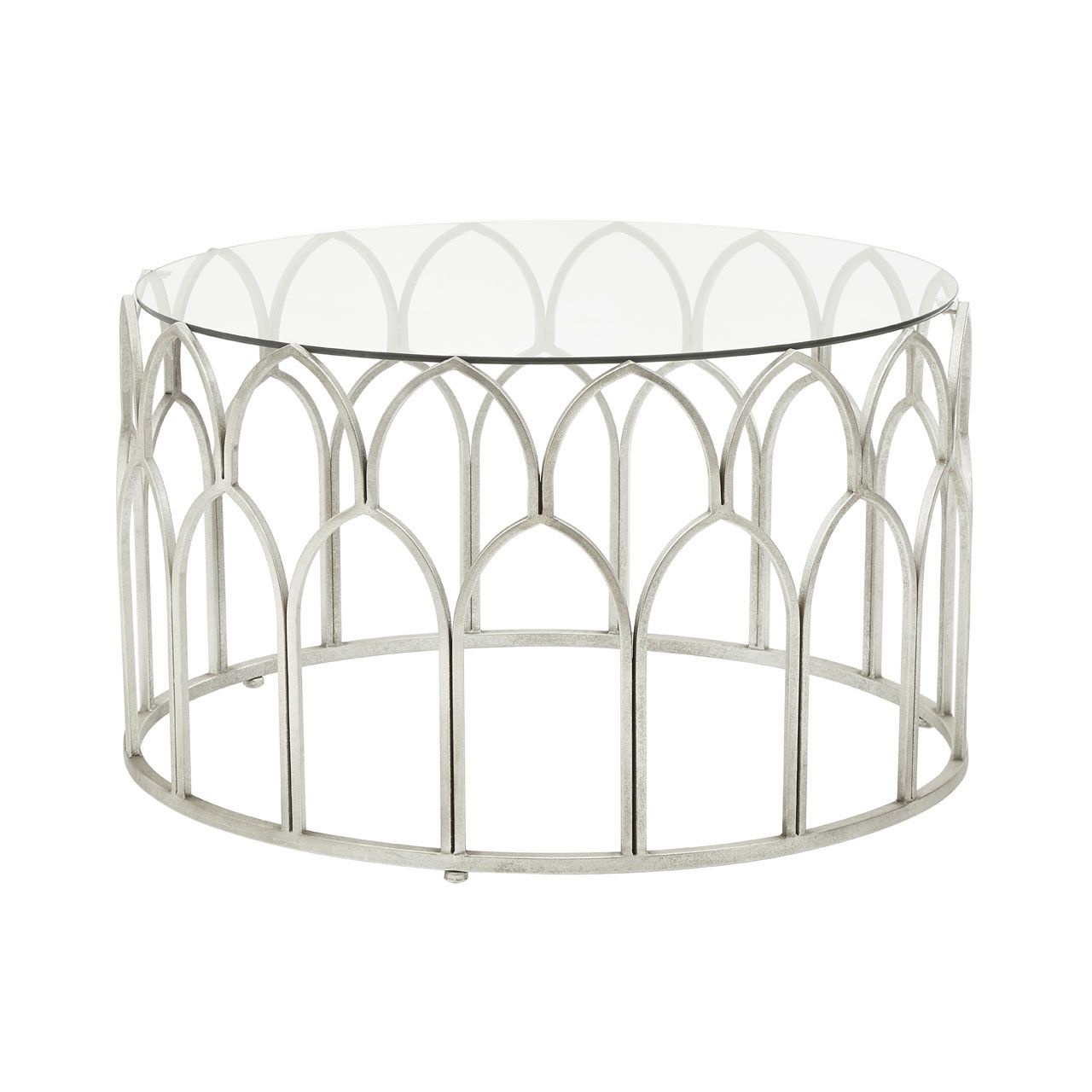 Merlin Round Clear Glass Coffee Table With Silver Leaf Base