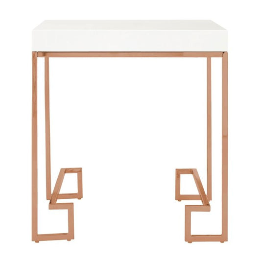 Anaco White High Gloss Wooden End Table With Rose Gold Frame