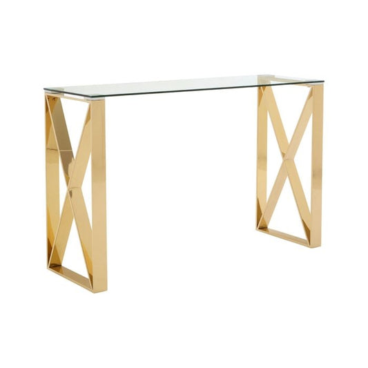 Anaco Clear Glass Console Table In Champagne Gold Stainless Steel Frame