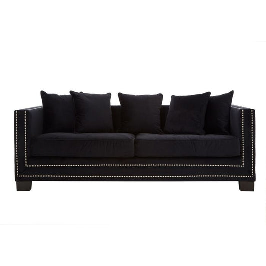 Safara Velvet 3 Seater Sofa In Black With Wooden Legs