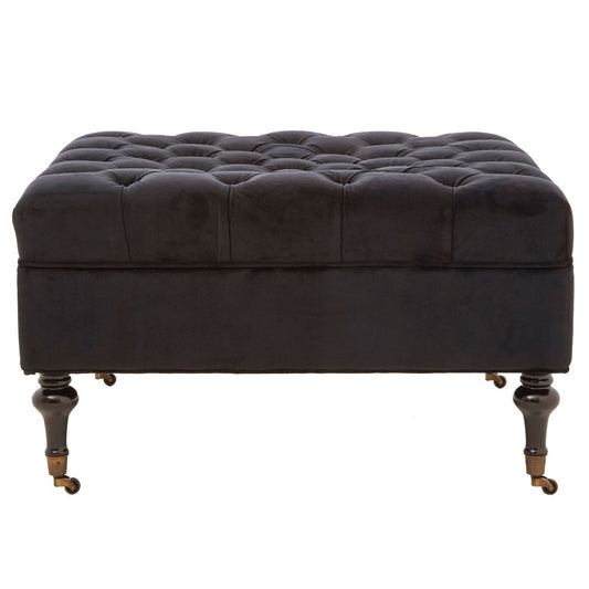Sabrina Velvet Footstool In Onyx With Pine Wood Legs