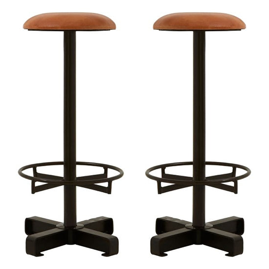 Bodmin Light Brown Faux Leather Bar Stools With Black Base In Pair