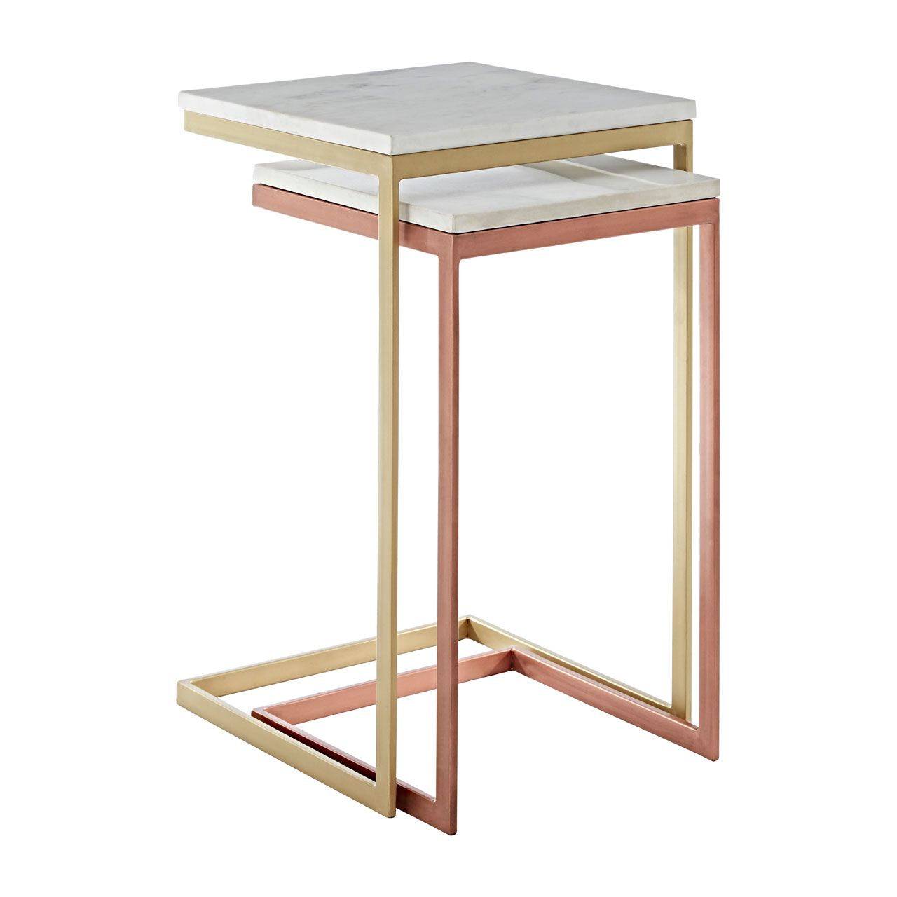 Nirav White Marble Nest Of 2 Tables With Gold And Copper Metal Frame