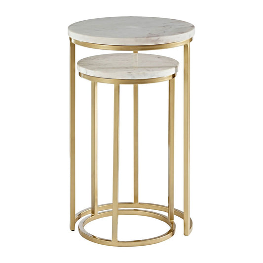 Nirav Large White Marble Nest Of 2 Tables With Gold Metal Frame