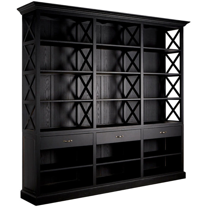 Lyon Large Wooden Bookcase In Black With 3 Drawers