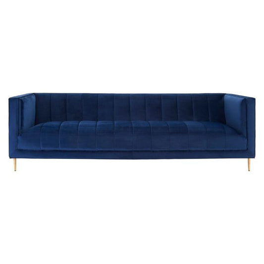 Odell Velvet 3 Seater Sofa In Deep Blue With Gold Metal Legs