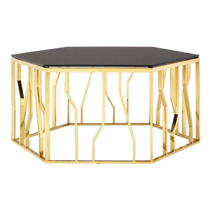 Aurora Hexagonal Glass Top Coffee Table In Black With Gold Frame