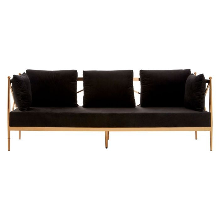 Nakisia Velvet 3 Seater Sofa In Black With Rose Gold Lattice Arms