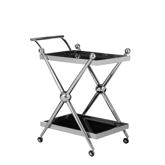 Novo Cross Design Bar Trolley With 2 Glass Tier In Silver Steel Frame