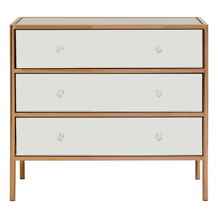 Goldie Crystal Mirrored Chest Of 3 Drawers In Warm Metallic Gold