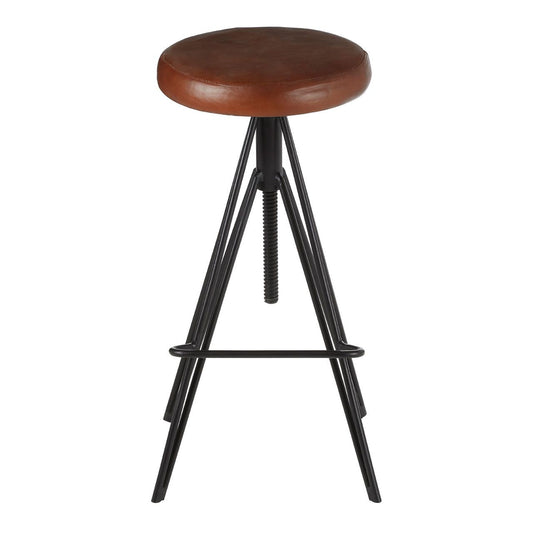 Nandri Round Faux Leather Stool In Brown With Black Metal Legs