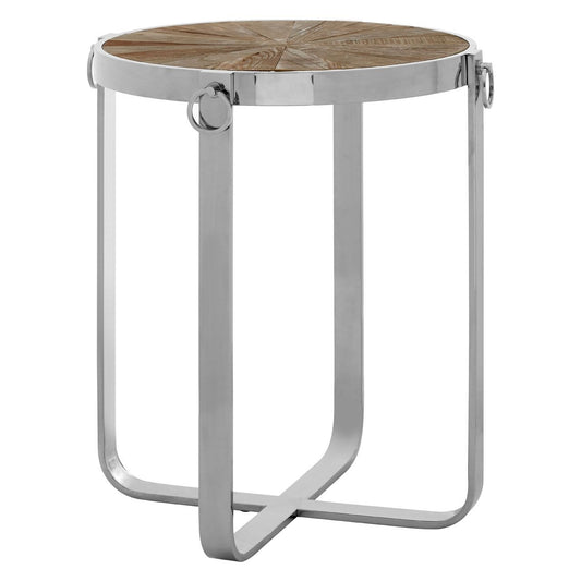 Mitra Round Wooden Side Table In Natural With Stainless Steel Frame