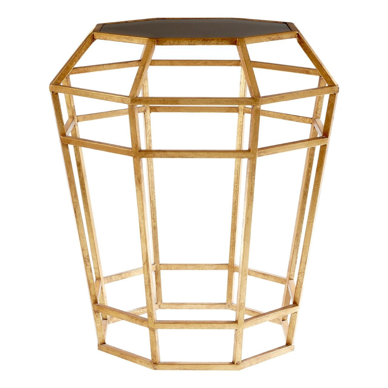 Zariah Drum Shape Glass Side Table In Black With Gold Metal Frame