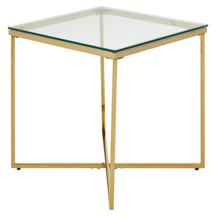 Alton Small Clear Glass End Table With Gold Cross Design Base