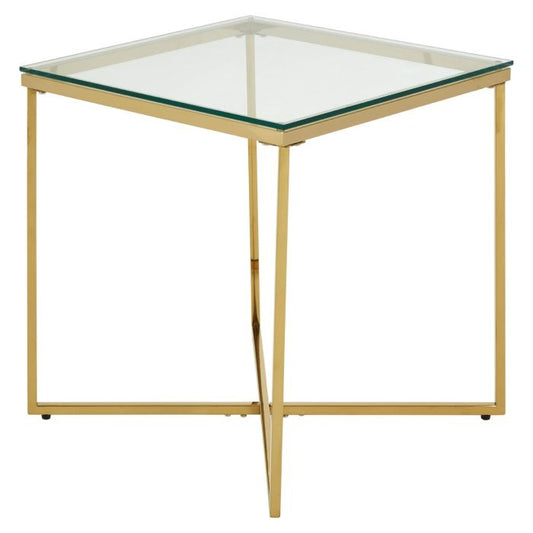 Alton Small Clear Glass End Table With Gold Cross Design Base