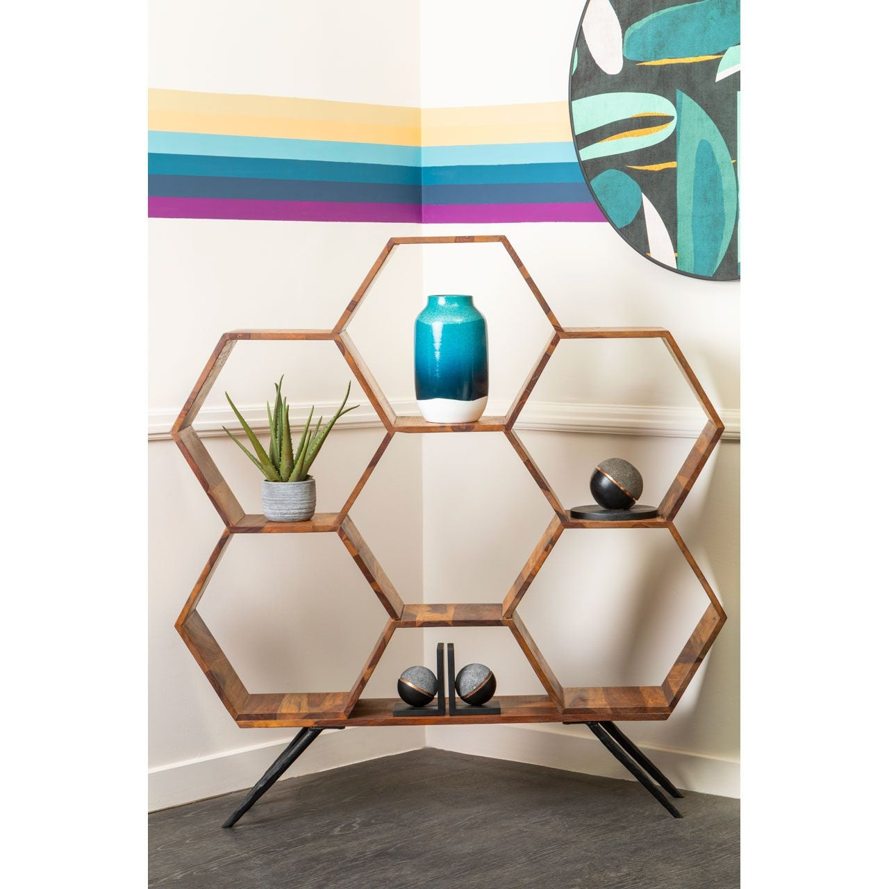 Boho Hexagonal Sheesham Wood Bookshelf In Natural
