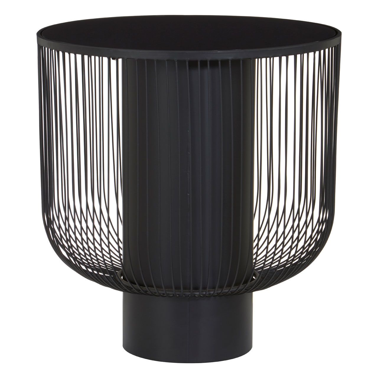 Trento Round Black Glass Top End Table With Black Iron Base