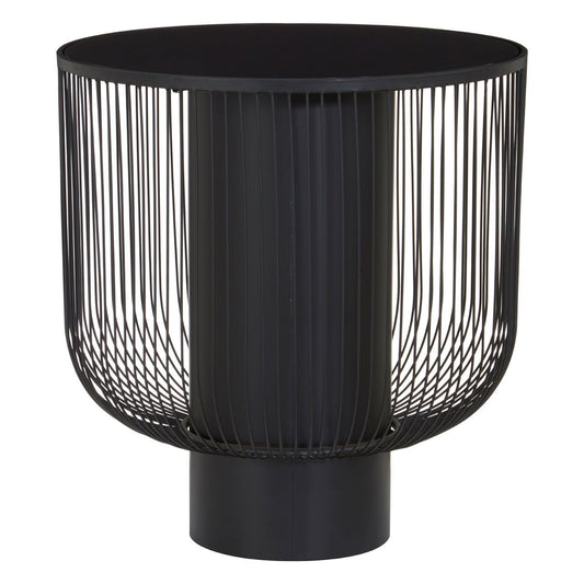 Trento Round Black Glass Top End Table With Black Iron Base