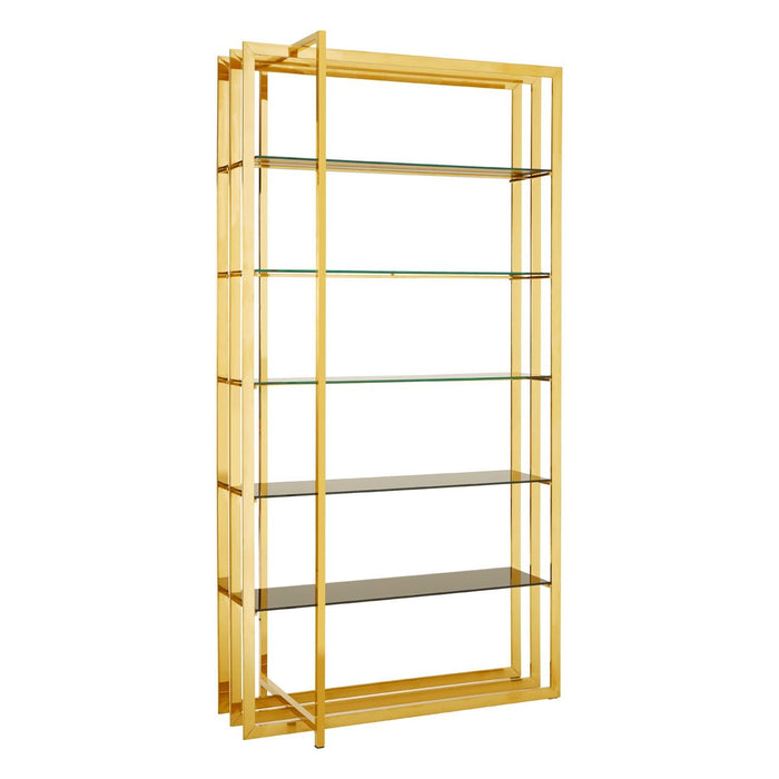 Horizon Rectangular Black Glass Shelves Bookcase In Gold