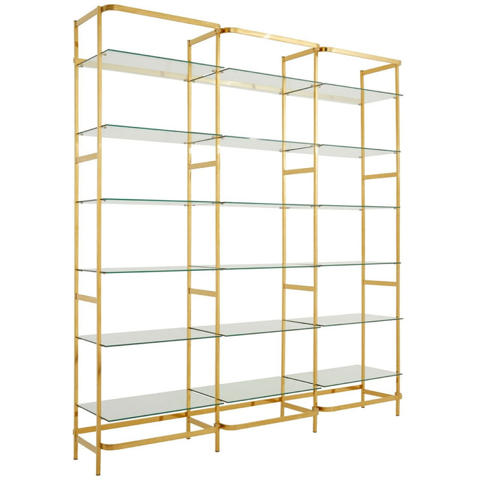 Horizon Clear Glass Shelves Bookcase In Gold Stainless Steel Frame