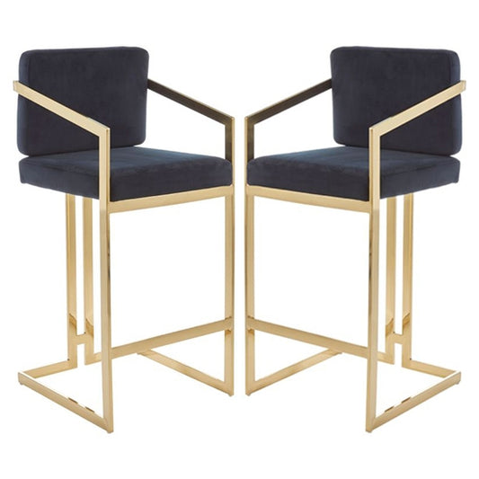Amberley Black Velvet Bar Stools With Gold Frame In Pair