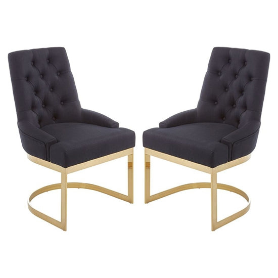 Amberley Black Linen Fabric Dining Chairs With Gold Base In Pair