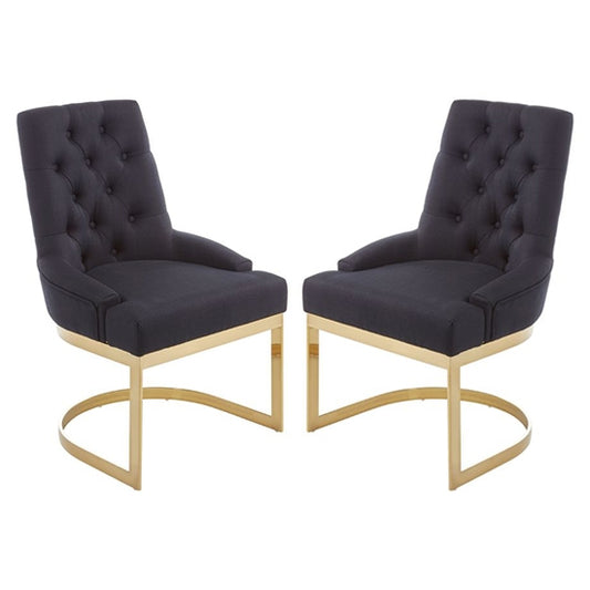Amberley Black Linen Fabric Dining Chairs With Gold Base In Pair