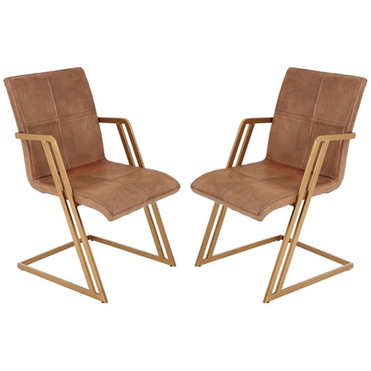 Bodmin Brown Faux Leather Dining Chairs With Brass Angular Legs In Pair