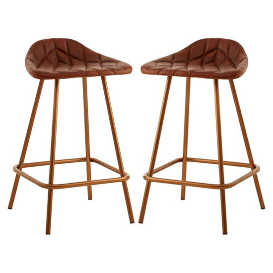 Bodmin Tan Faux Leather Bar Stools With Brass Legs In Pair