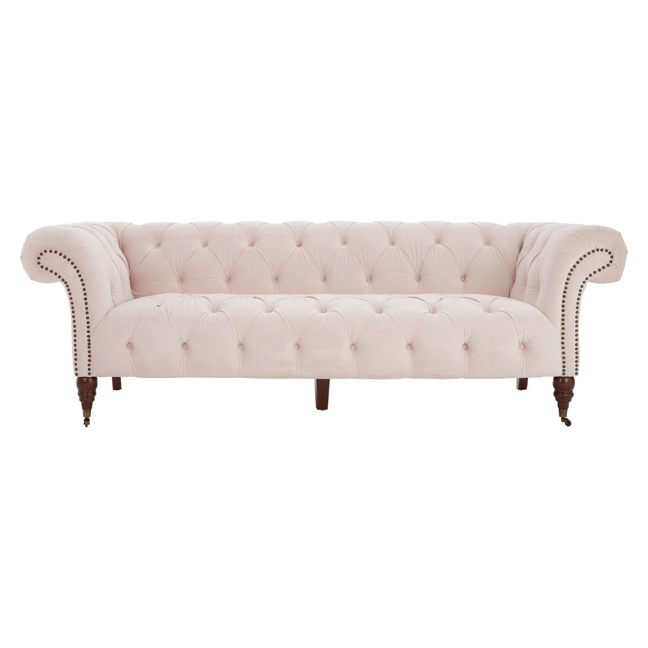 Suri Chesterfield Fabric 3 Seater Sofa In Light Pink