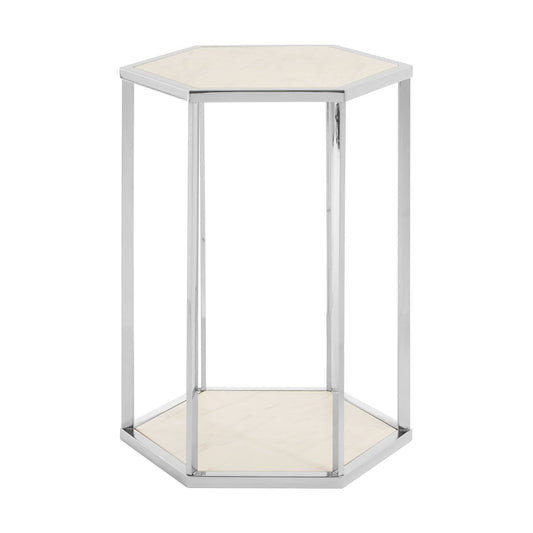 Piermount Hexagonal Porcelain End Table In White And Silver