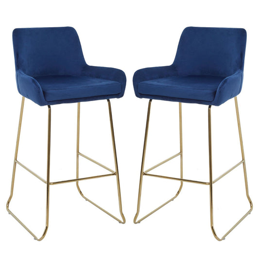 Tamzin Blue Velvet Bar Chairs With Low Arms In Pair