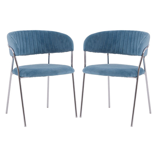 Tamzin Blue Velvet Dining Chairs With Silver Metal Legs In Pair